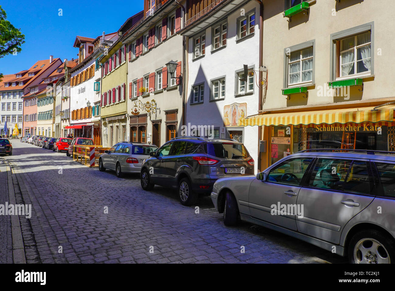 Il pittoresco streei in Wangen im Allgäu, Baden-Württemberg, Germania. Una città storica in oriente Baden-Wuerttemberg. Foto Stock