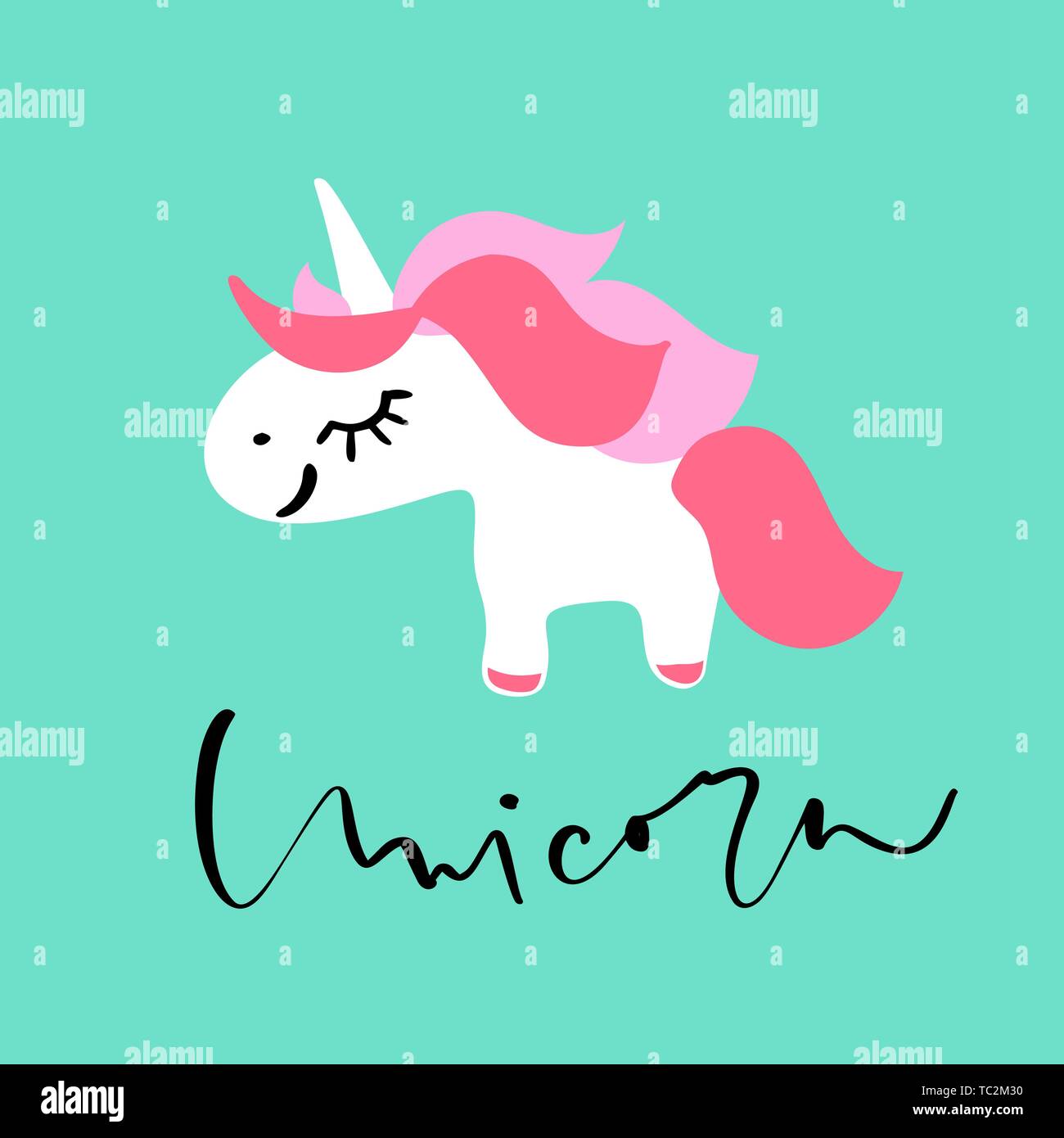 Carino unicorno cartoon disegnato a mano con testo calligrafico. Illustrazione dei caratteri vettoriali. Design per carte per bambini, t-shirt. Ragazze, concetto magico del capretto Illustrazione Vettoriale
