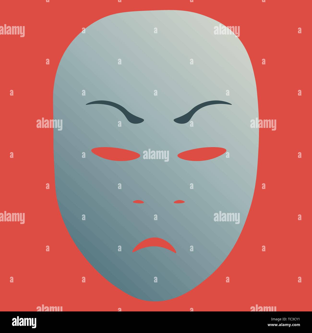 Maschera Teatrale con rabbia emozione. Illustrazione Vettoriale. Maschera di argento con gradiente su sfondo rosso. Illustrazione Vettoriale