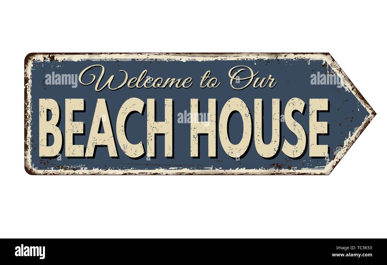 Il beach house vintage metallo arrugginito segno su uno sfondo bianco, illustrazione vettoriale Illustrazione Vettoriale