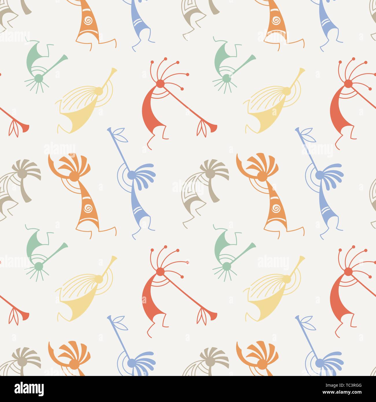 Disegnata a mano Kokopelli seamless pattern. Stilizzata personaggi mitici suonando i flauti. Arte vettoriale per la stampa. design, carte, i bambini e i libri da colorare, Illustrazione Vettoriale