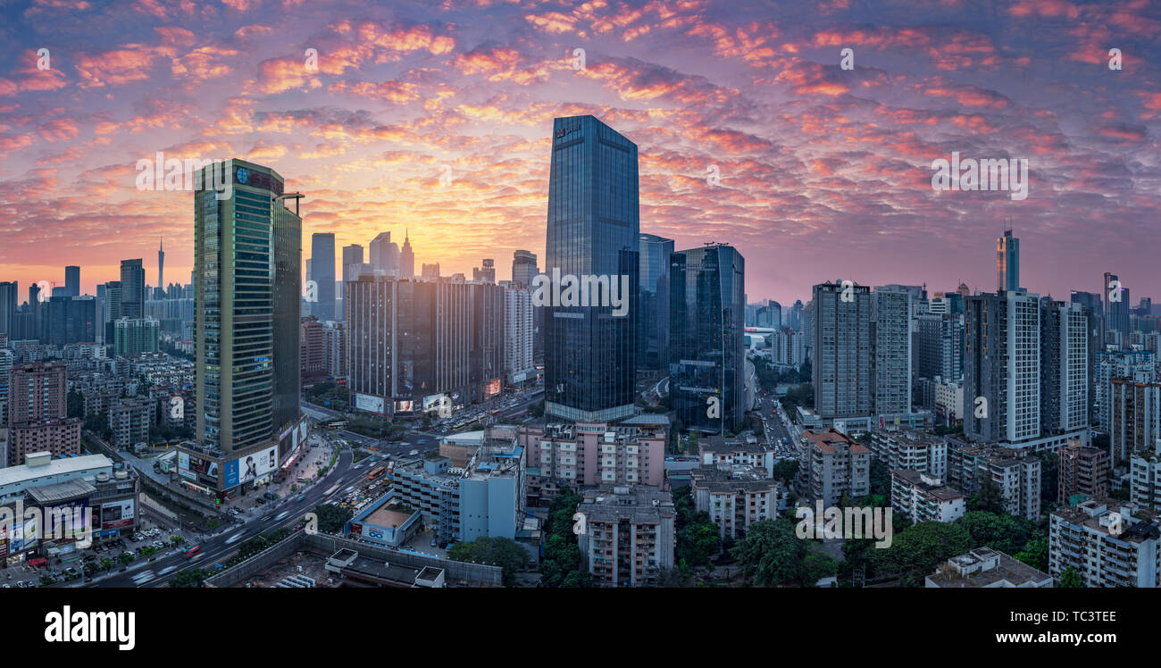 Panorama di architettura finanziaria in Tianhebei, Guangzhou Foto Stock