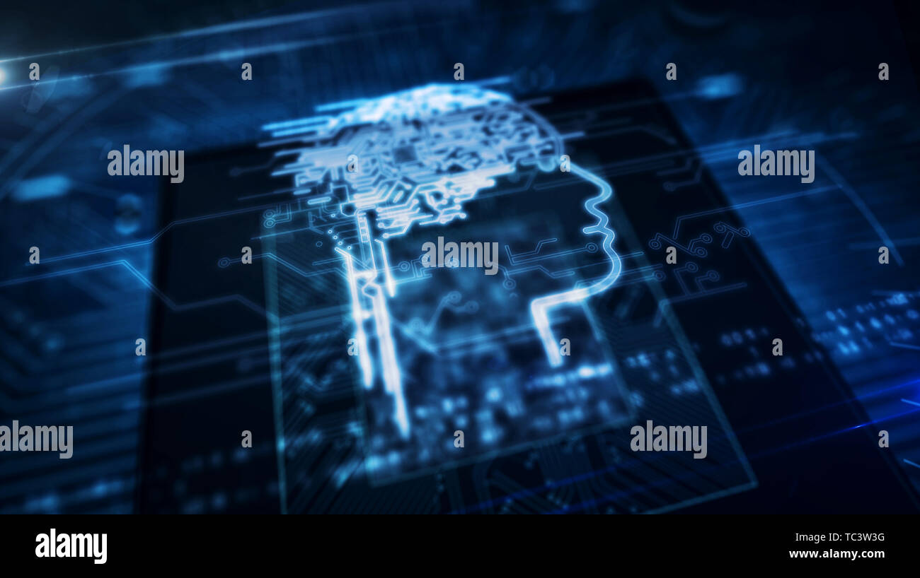 Intelligenza artificiale con il cervello cibernetico ologramma su processore di lavoro in background. Moderna tecnologia digitale 3d'illustrazione. Foto Stock