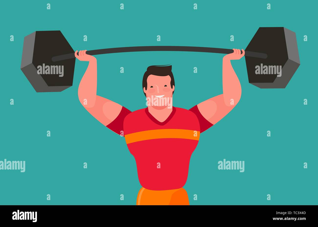 Funny bodybuilder solleva forti barbell. Vettore di palestra Illustrazione Vettoriale