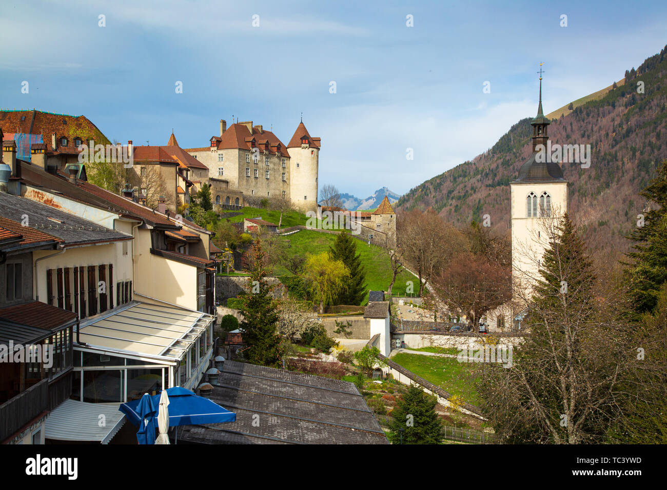 La città medievale di Gruyeres e Castello, cantone di Fribourg, Svizzera Foto Stock