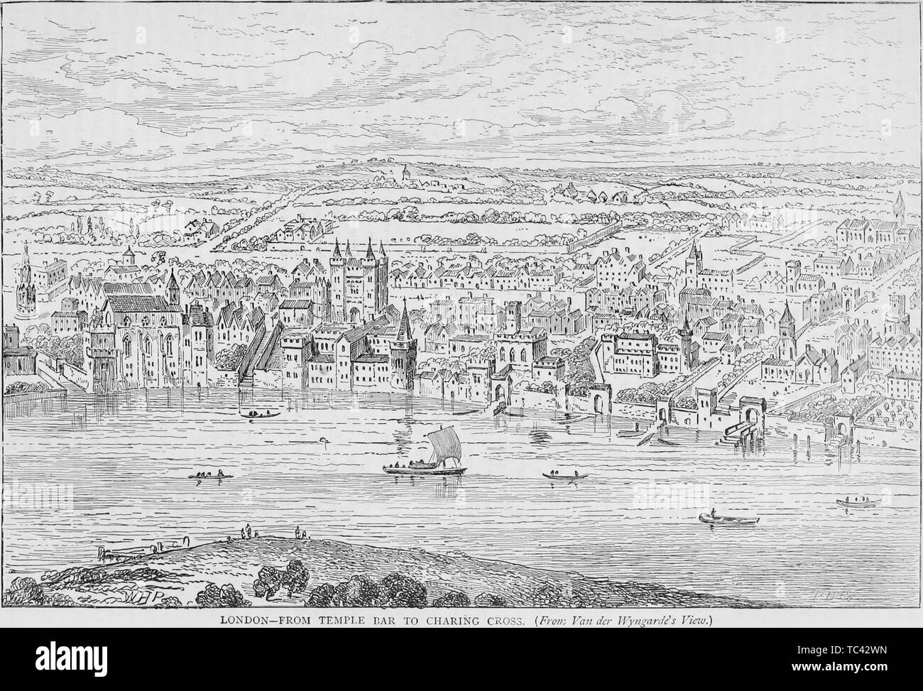 Vista incisa dal fiume Tamigi di Londra da Temple Bar a Charing Cross, Inghilterra, dal libro "vecchi e nuovi di Londra: un racconto della sua storia, della sua gente e dei suoi luoghi' da Thornbury Walter, 1873. La cortesia Internet Archive. () Foto Stock