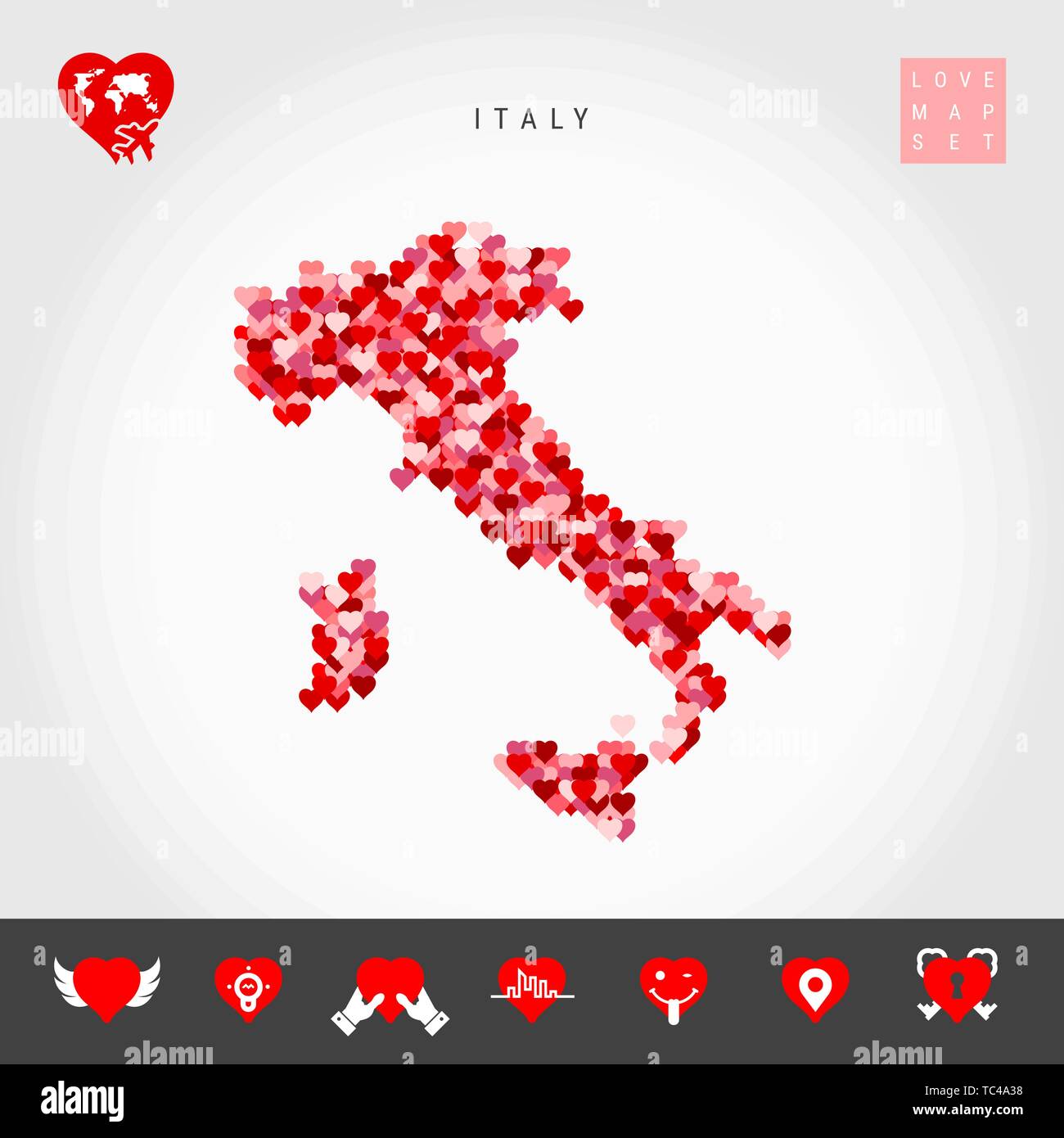 Io amo l'Italia. Rosso e Cuori rosa Pattern mappa vettoriale dell Italia isolato su sfondo grigio. Amore Icon Set. Illustrazione Vettoriale