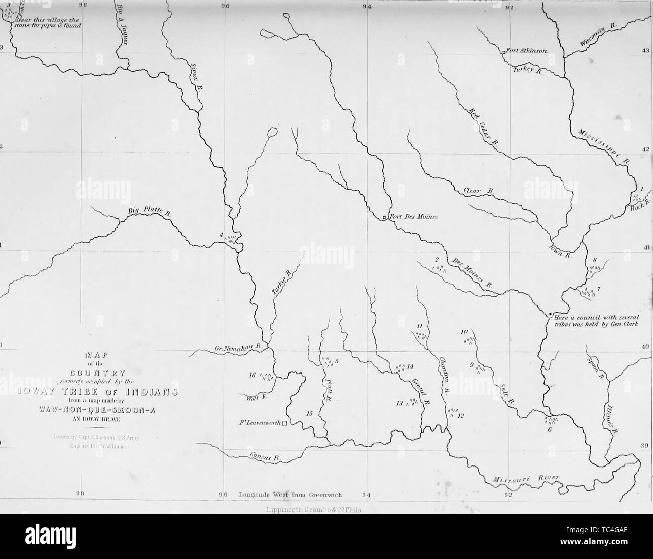 Mappa inciso del paese occupato da Iowa tribù indiane, dal libro "Archivi degli Aborigeni conoscenza" di Henry Rowe Schoolcraft, 1860. La cortesia Internet Archive. () Foto Stock