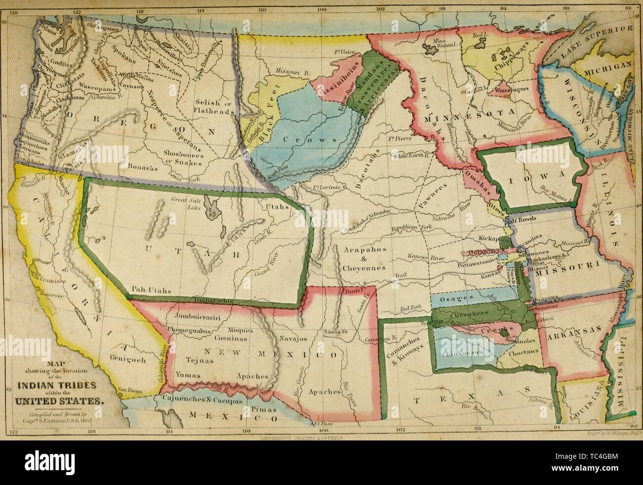 Incisi mappa degli Stati Uniti, che mostra la posizione delle tribù indiane, dal libro "Archivi degli Aborigeni conoscenza" di Henry Rowe Schoolcraft, 1860. La cortesia Internet Archive. () Foto Stock