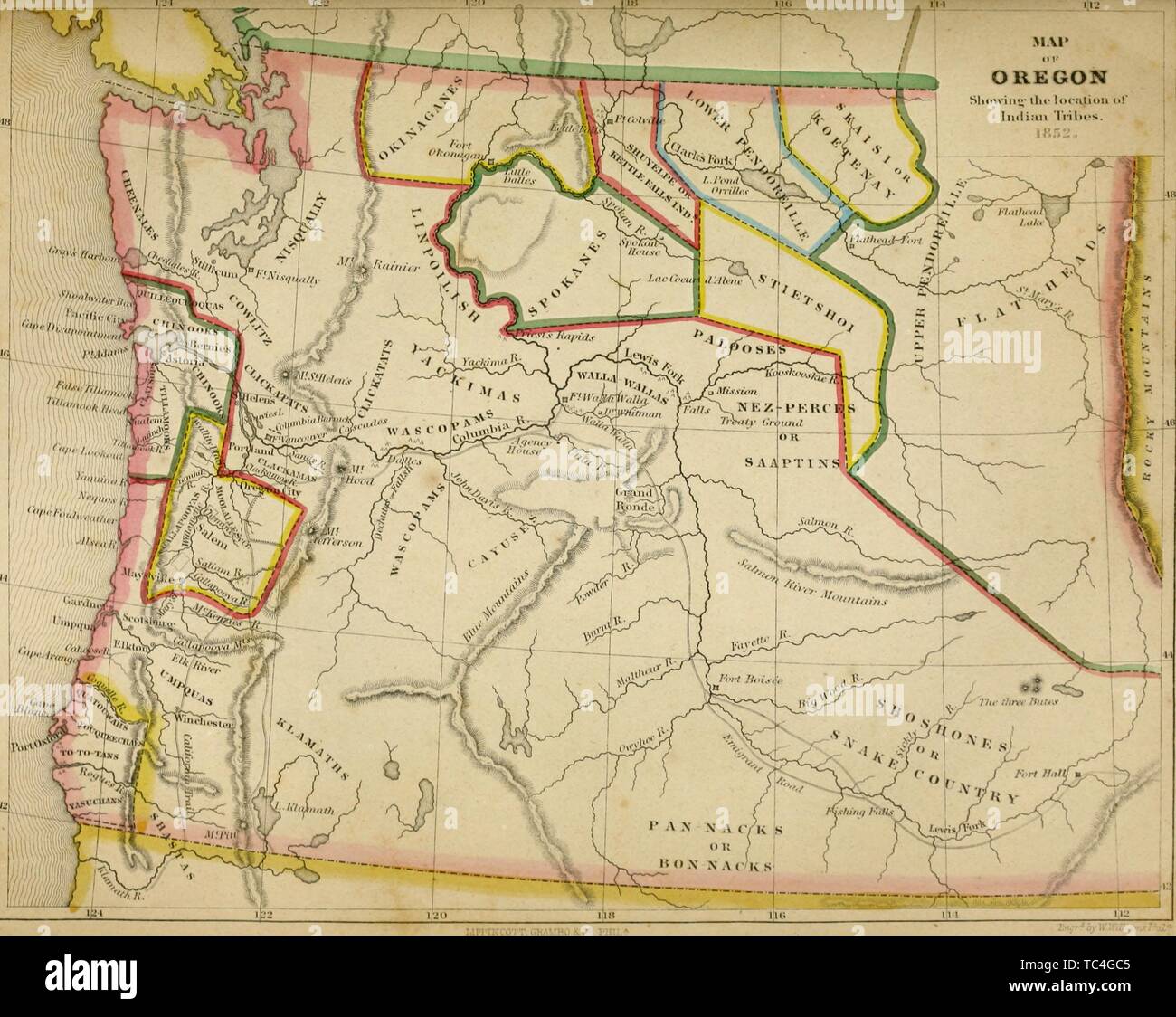 Mappa inciso di Oregon, che mostra la posizione delle tribù indiane, dal libro "Archivi degli Aborigeni conoscenza" di Henry Rowe Schoolcraft, 1860. La cortesia Internet Archive. () Foto Stock