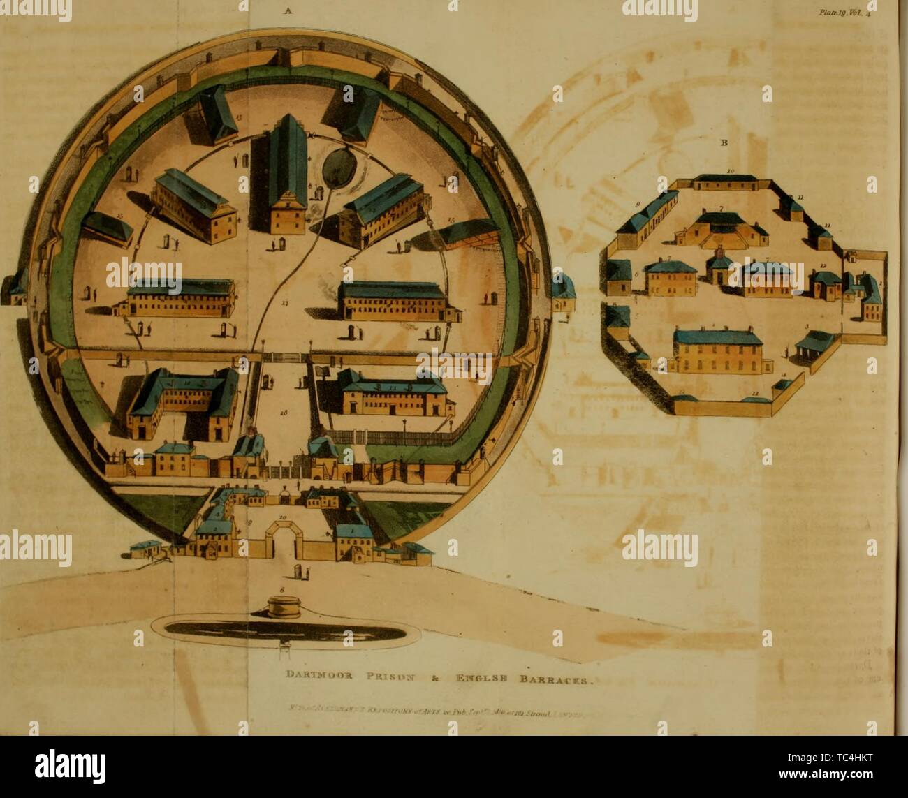 Incisioni del Dartmoor il carcere e la Caserma inglese, Princetown, Inghilterra, dal libro "repository delle arti, letteratura, commercio, produce mode e politica" da Rudolph Ackermann, 1809. La cortesia Internet Archive. () Foto Stock