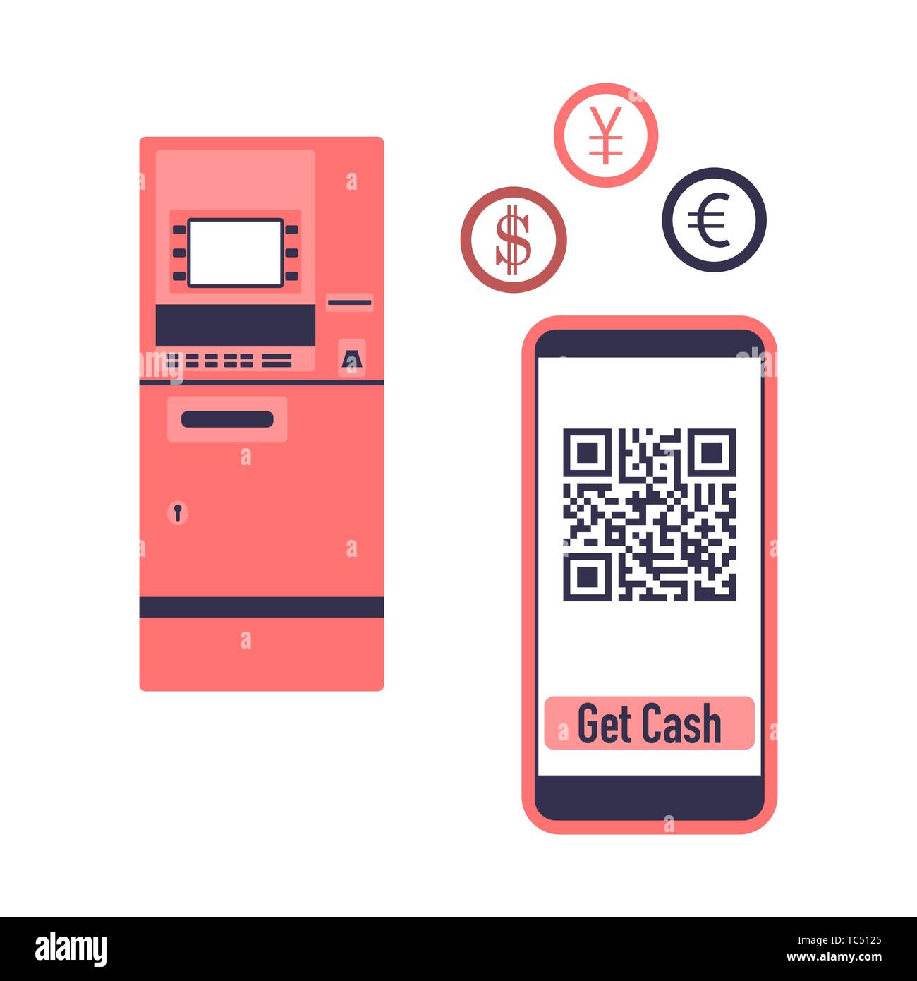 Illustrazione Vettoriale con telefono con il codice QR, prelievo ATM, cambio valuta presso ATM. Elettronico, la tecnologia digitale, il codice a barre. Progettazione per il web pa Illustrazione Vettoriale