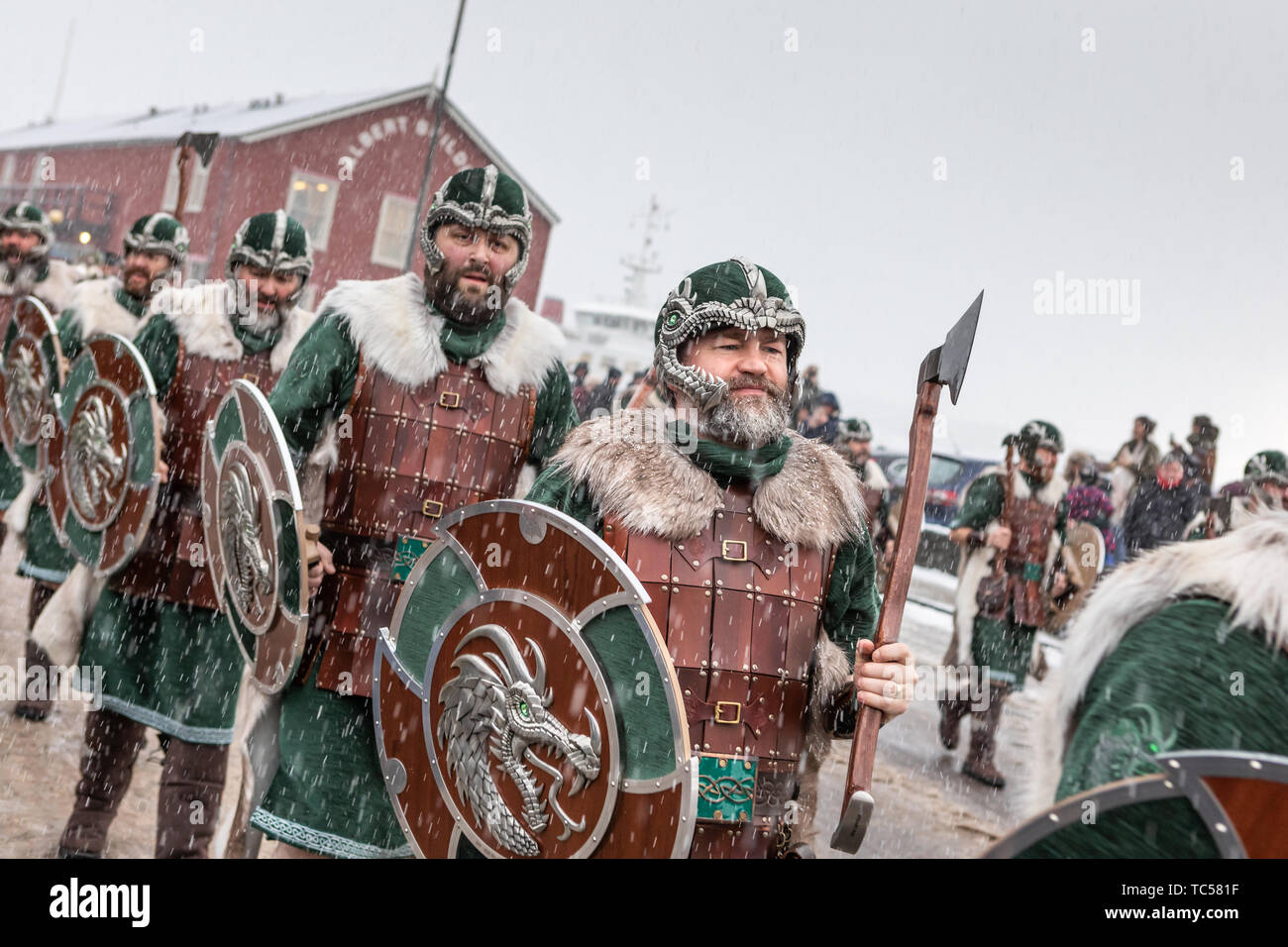 Lerwick, isole Shetland, Scotland, Regno Unito. Il 29 gennaio 2019. Up Helly Aa viking festival di fuoco che è unica per le Shetland e tiene l'ultimo martedì di Foto Stock