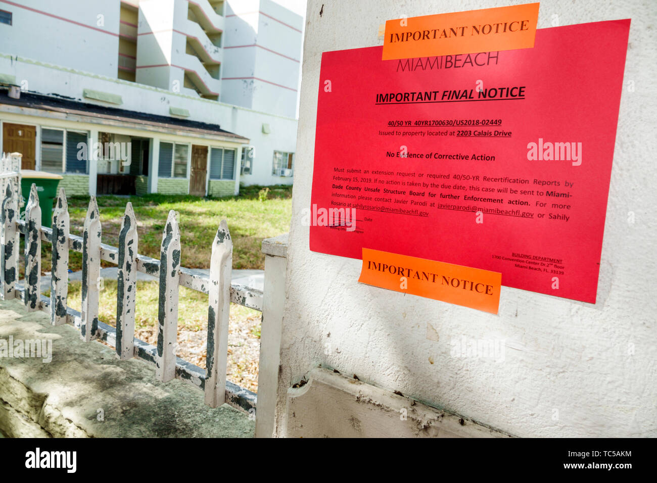 Miami Beach Florida,City final notice code compliance unsafe structure,building department,FL190228018 Foto Stock