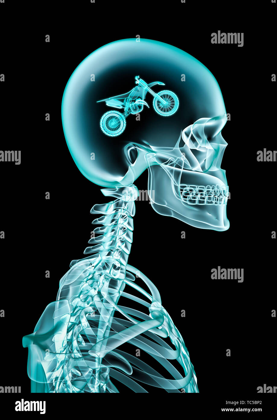 X-ray motocross ventola / 3D illustrazione di scheletro umano x-ray mostra dirt bike all'interno della testata Foto Stock