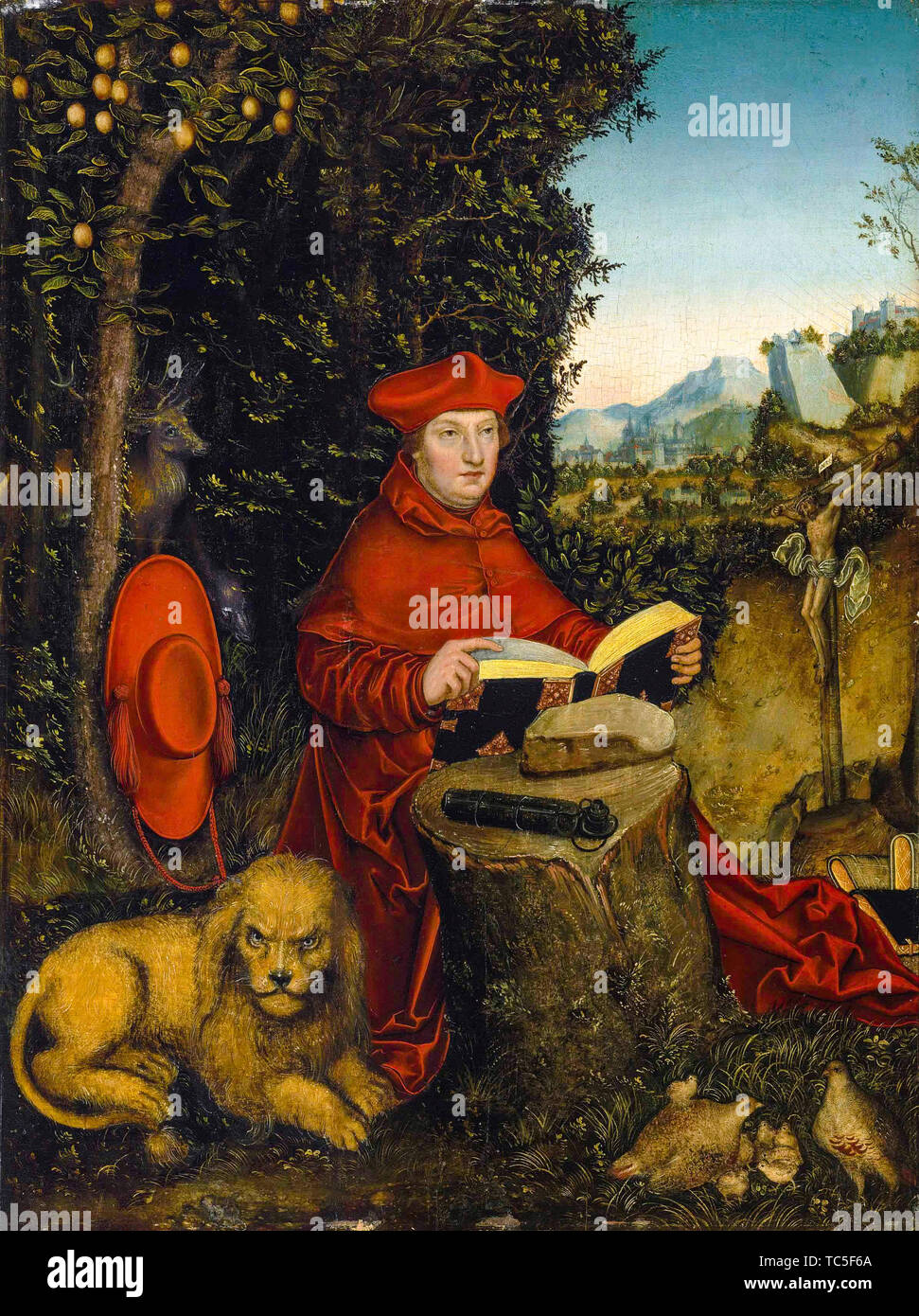 Lucas Cranach il Vecchio, il Cardinale Albrecht von Brandenburg come San Girolamo in un paesaggio, ritratto dipinto, circa 1527 Foto Stock