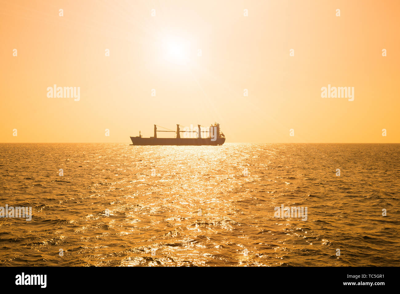 Silhouette di una nave da carico Foto Stock