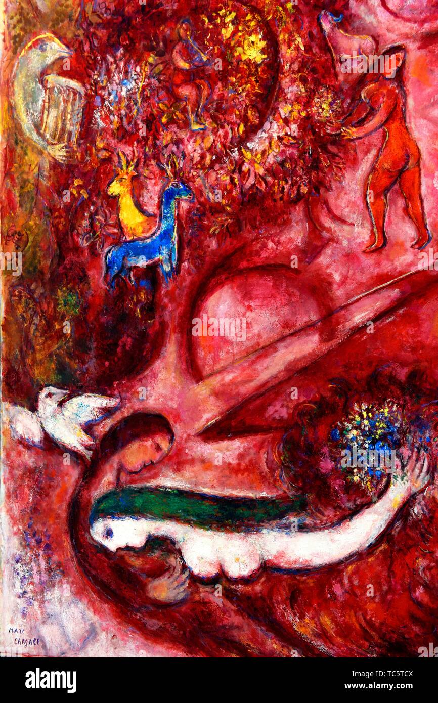 Dipinto di rosso del Cantico dei Cantici cycle,messaggio biblico, dipinto di Marc Chagall nel museo Chagall a Nizza,Francia del sud. Foto Stock