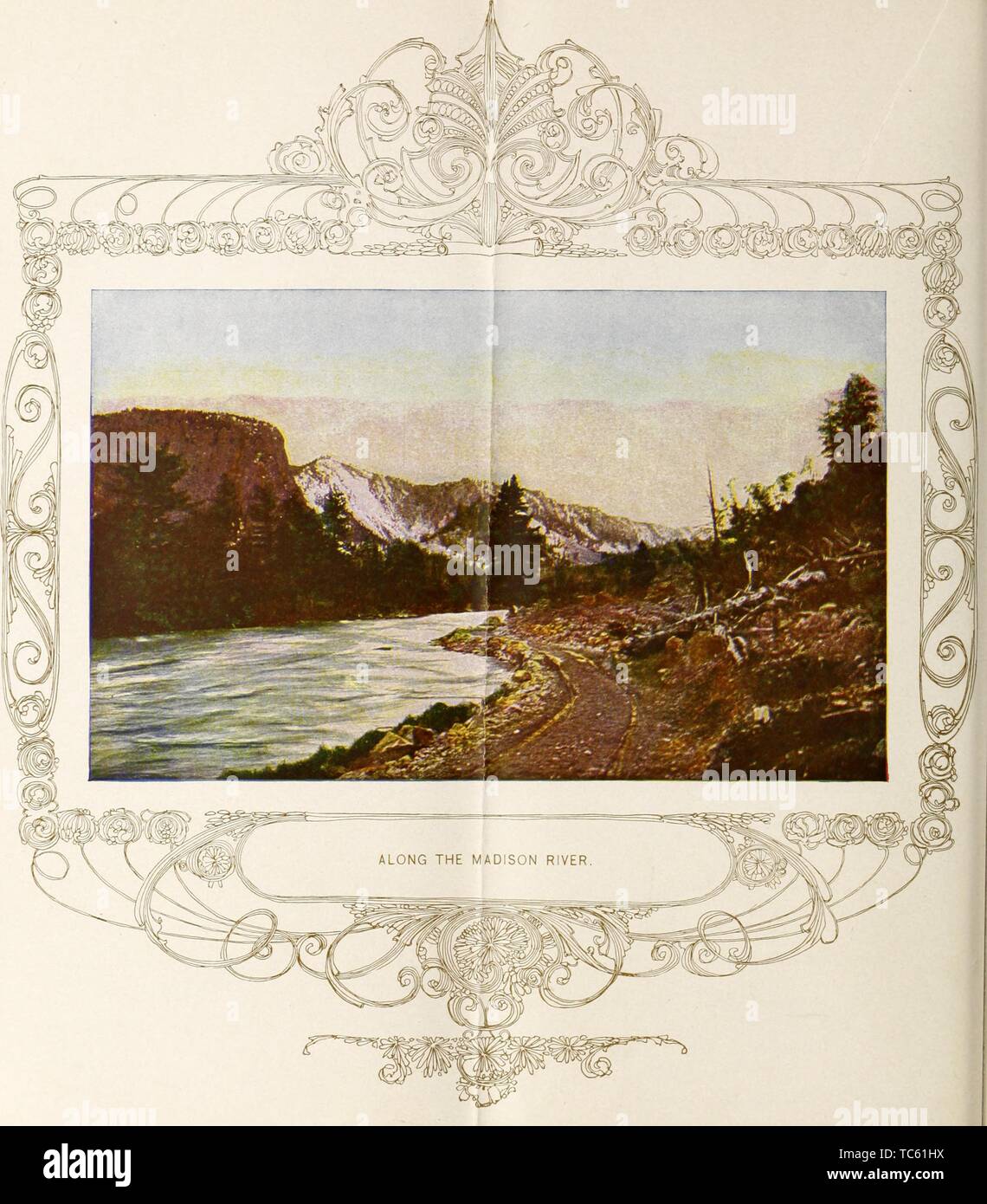 Incisione del Fiume Madison, il Parco Nazionale di Yellowstone, dal libro "dove sgorgano i geyser, il Parco Nazionale di Yellowstone, come e quando visitare' dalla linea ferroviaria Oregon Short Line Railroad Company, 1899. La cortesia Internet Archive. () Foto Stock