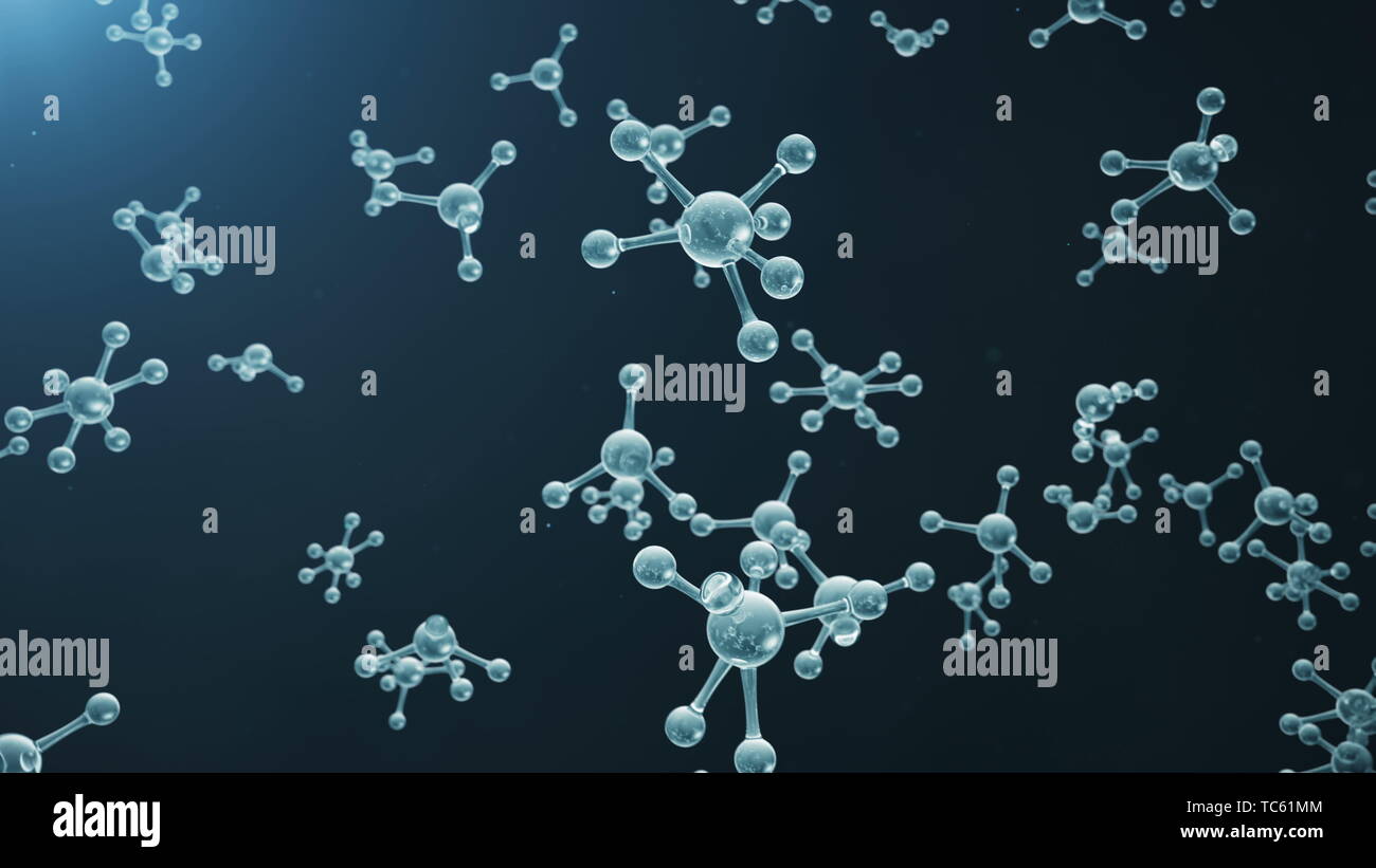 3D rendering molecola struttura. Medico scientifico sfondo con atomi e molecole. Sfondo blu. Animazione scientifica per il vostro banner, testo. Foto Stock