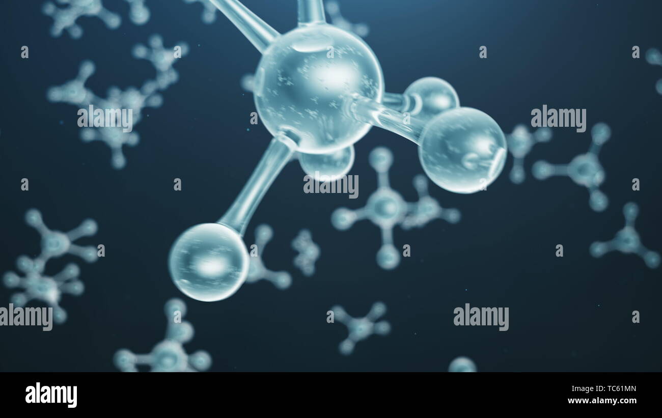 3D rendering molecola struttura. Medico scientifico sfondo con atomi e molecole. Sfondo blu. Animazione scientifica per il vostro banner, testo. Foto Stock
