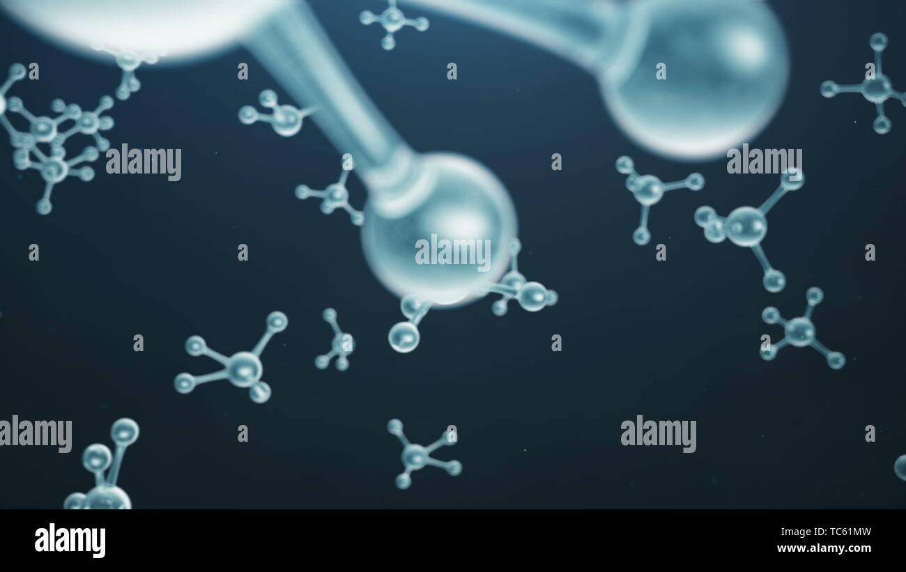 3D rendering molecola struttura. Medico scientifico sfondo con atomi e molecole. Sfondo blu. Animazione scientifica per il vostro banner, testo. Foto Stock