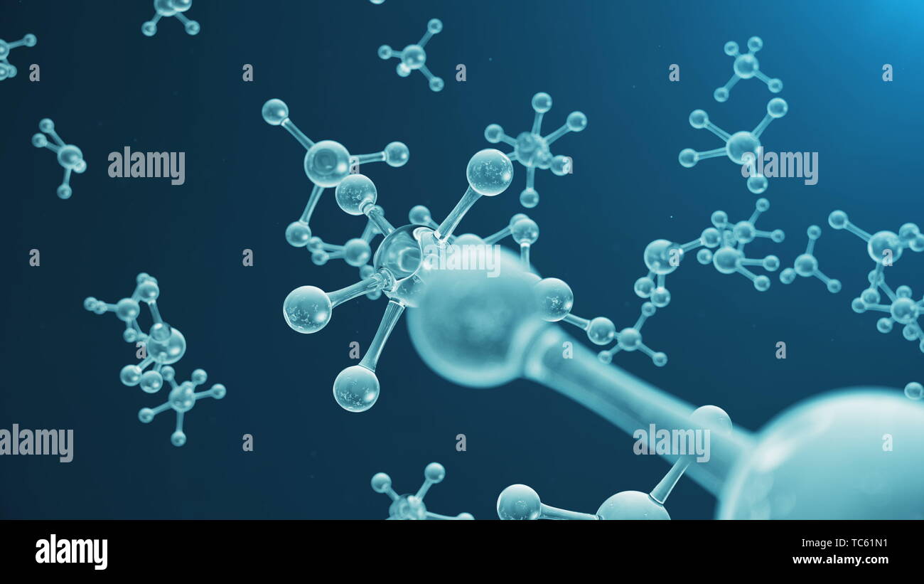 3D rendering molecola struttura. Medico scientifico sfondo con atomi e molecole. Sfondo blu. Animazione scientifica per il vostro banner, testo. Foto Stock