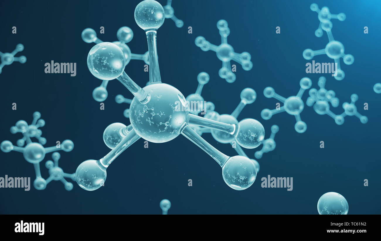 3D rendering molecola struttura. Medico scientifico sfondo con atomi e molecole. Sfondo blu. Animazione scientifica per il vostro banner, testo. Foto Stock