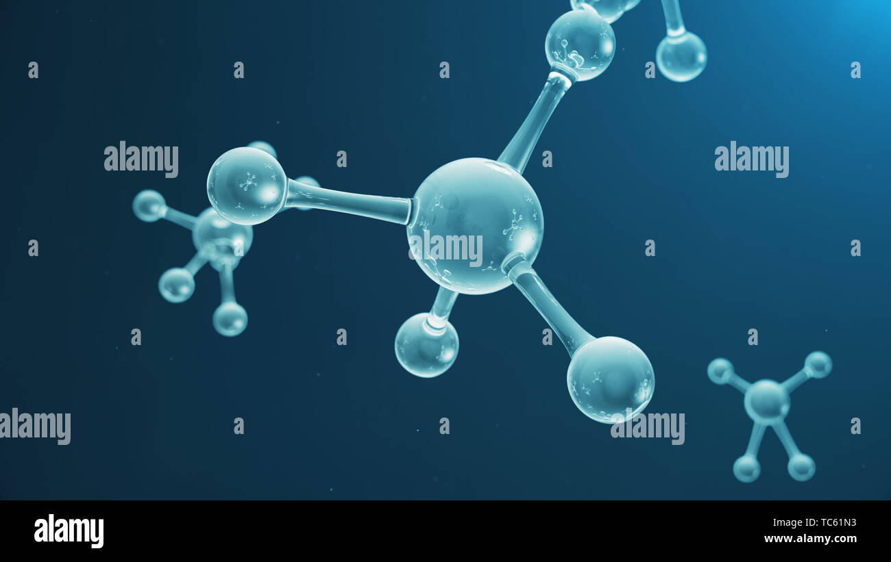 3D rendering molecola struttura. Medico scientifico sfondo con atomi e molecole. Sfondo blu. Animazione scientifica per il vostro banner, testo. Foto Stock