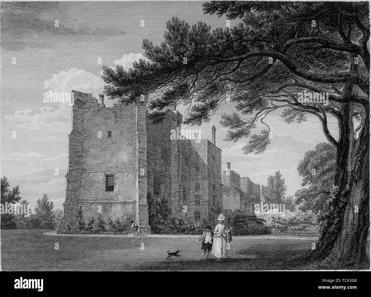 Incisione del Castello Brancepeth in Durham, Inghilterra, dal libro "Antichità di Gran Bretagna' da William Byrne e Thomas Hearne, 1825. La cortesia Internet Archive. () Foto Stock