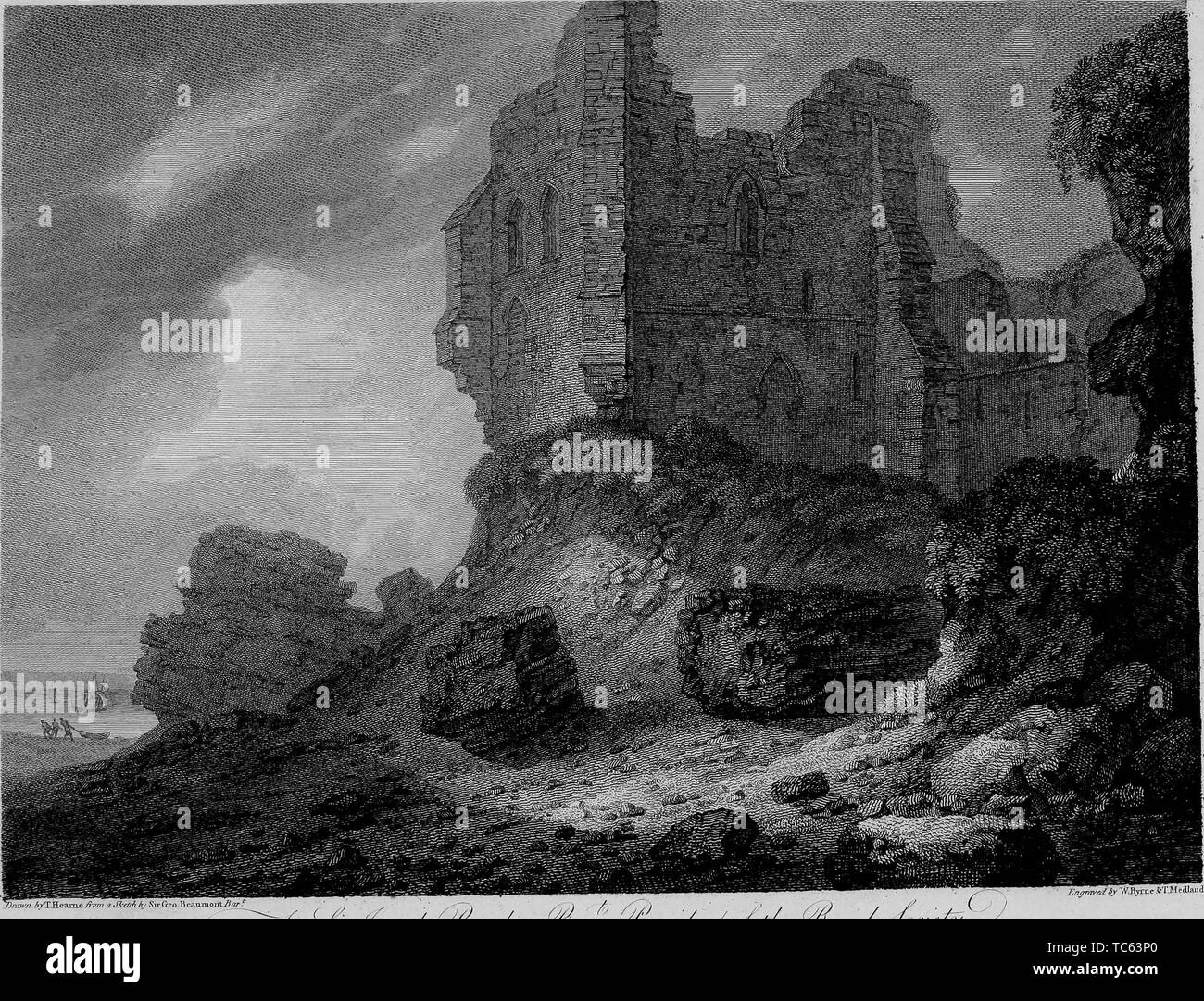 Incisione di le rovine del castello di Peel sull' Isola di Man, dal libro "Antichità di Gran Bretagna' da William Byrne e Thomas Hearne, 1825. La cortesia Internet Archive. () Foto Stock