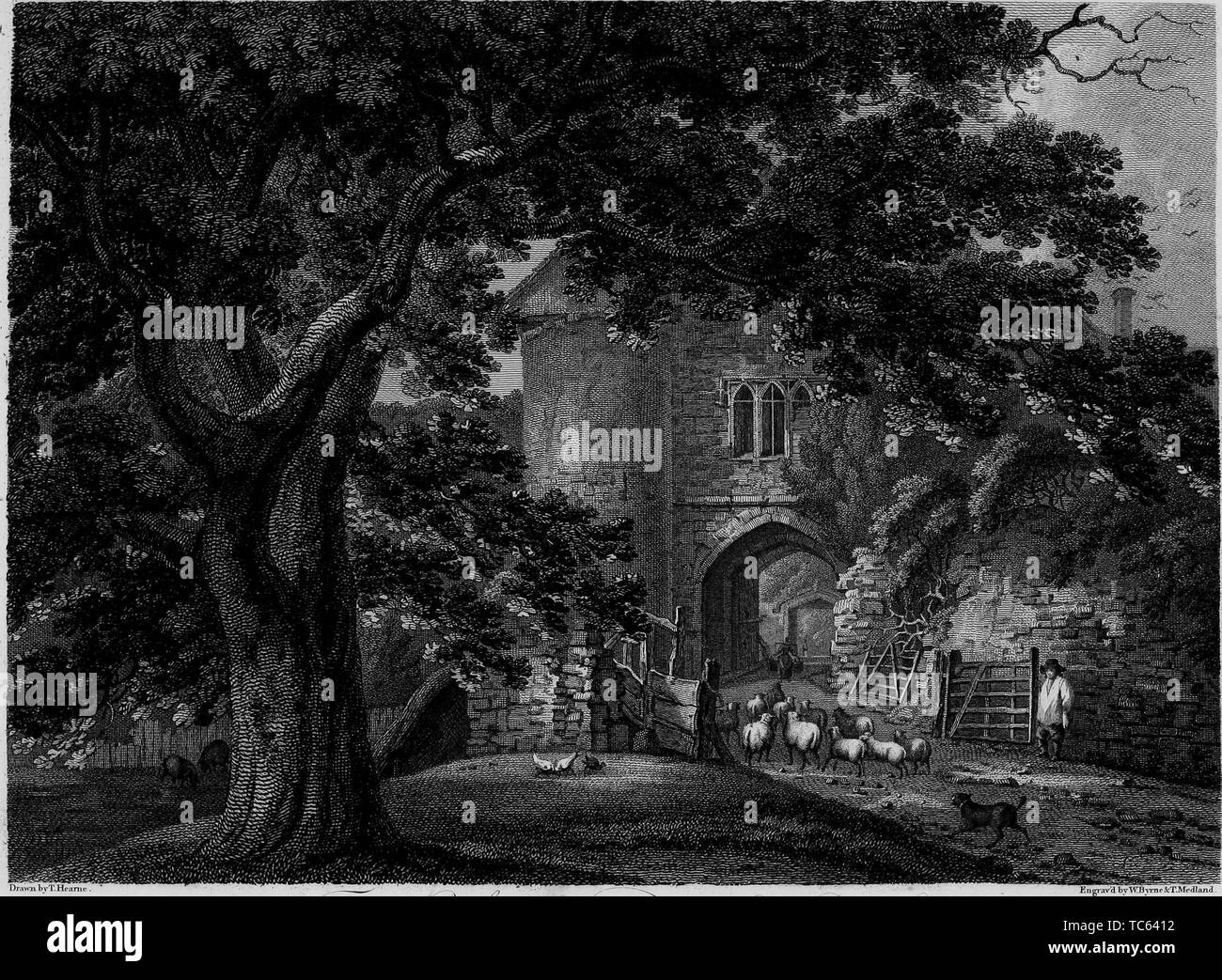 Incisione del Castello di Allington in Allington, Kent, Inghilterra, dal libro "Antichità di Gran Bretagna' da William Byrne e Thomas Hearne, 1825. La cortesia Internet Archive. () Foto Stock