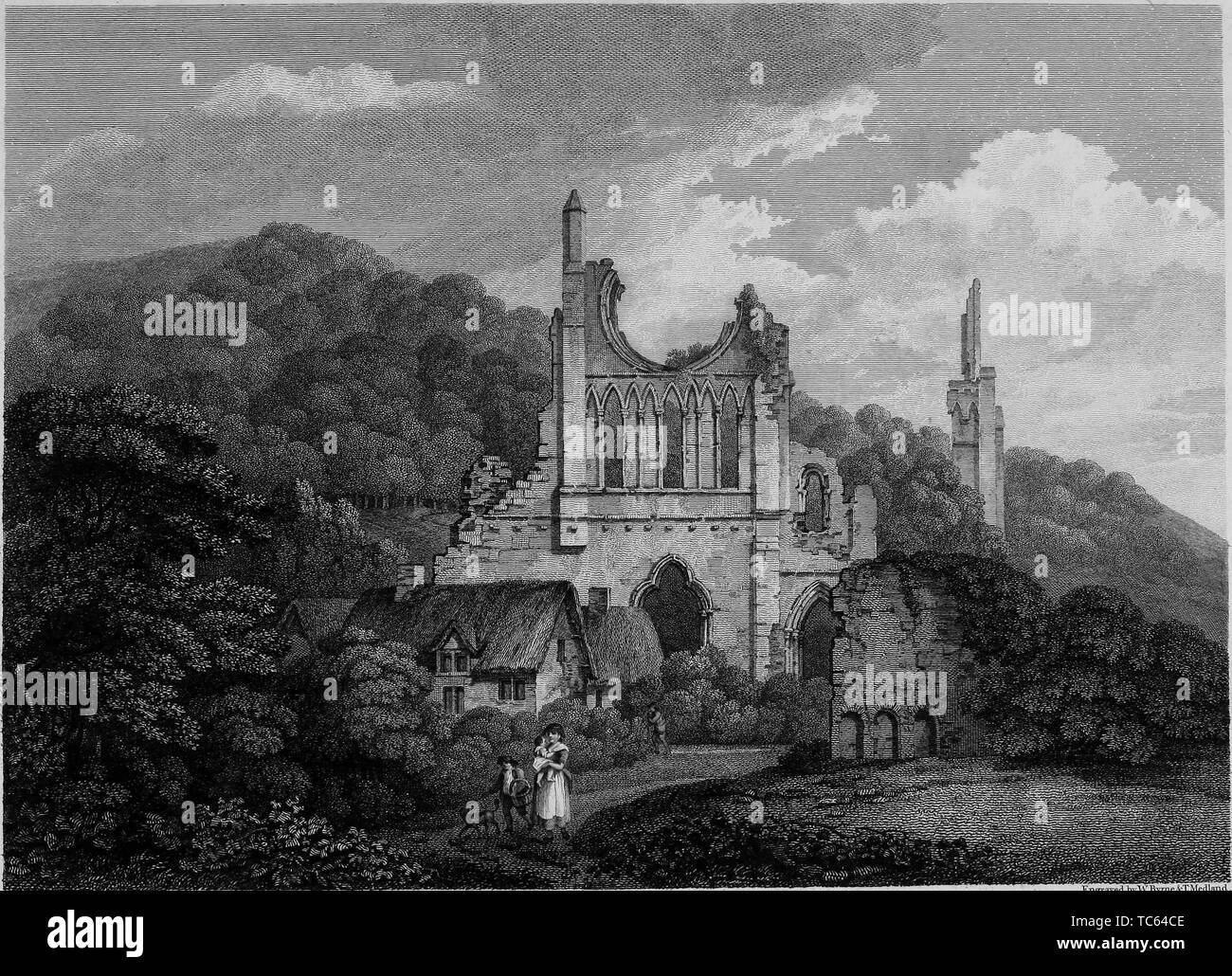 Incisione di rovine di Abbazia di Byland in Ryedale, Inghilterra, dal libro "Antichità di Gran Bretagna' da William Byrne e Thomas Hearne, 1825. La cortesia Internet Archive. () Foto Stock