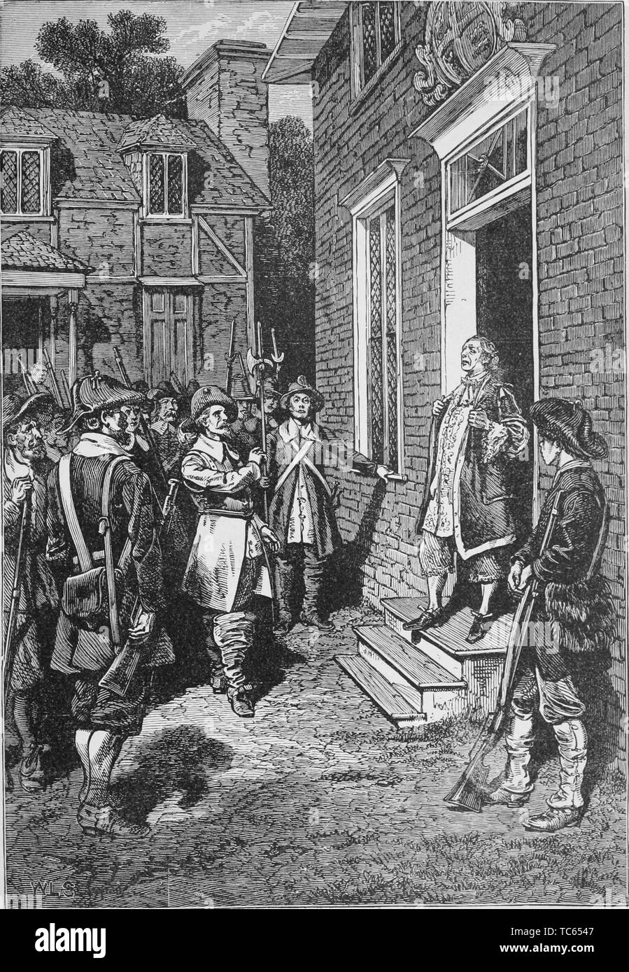 Incisione di Governatore William Berkeley parlando ai ribelli, dal libro "Una storia popolare degli Stati Uniti d'America, dai tempi degli aborigeni alla presente giorno" di John Clark Ridpath, 1893. La cortesia Internet Archive. () Foto Stock