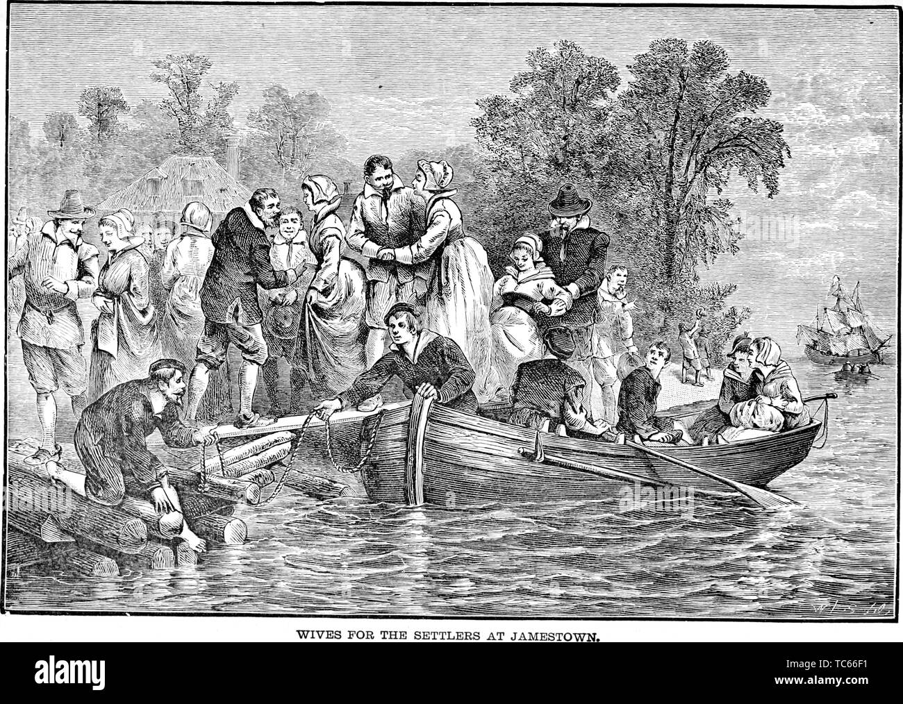 Incisione di mogli che arrivano per i coloni a Jamestown, Virginia, dal libro "Una storia popolare degli Stati Uniti d'America, dai tempi degli aborigeni alla presente giorno" di John Clark Ridpath, 1893. La cortesia Internet Archive. () Foto Stock