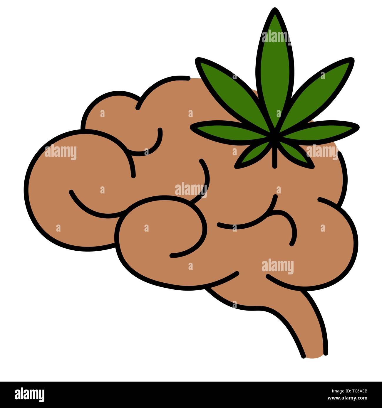Cannabis leaf con cervello umano. Influenza del fumo di marijuana sul cervello umano, il sistema nervoso, attività mentale. Isolato illustrazione vettoriale su bianco Illustrazione Vettoriale