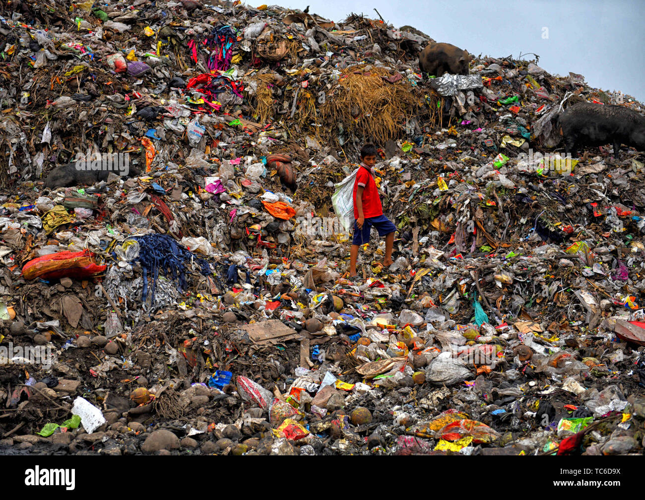 Kolkata, West Bengal, India. 5 Giugno, 2019. Povero ragazzo raccoglie i materiali di scarto dalla discarica cantiere sulla Giornata mondiale dell'ambiente.La Giornata Mondiale dell Ambiente è celebrata il 5 giugno a livello globale, chiedendo attenzione contro l inquinamento dell'ambiente.Il fumo e l'odore dall'area di scarico inquinano l'aria e l'ambiente come un insieme che può causare un pericolo per la vita umana. Credito: Avishek Das/SOPA Immagini/ZUMA filo/Alamy Live News Foto Stock