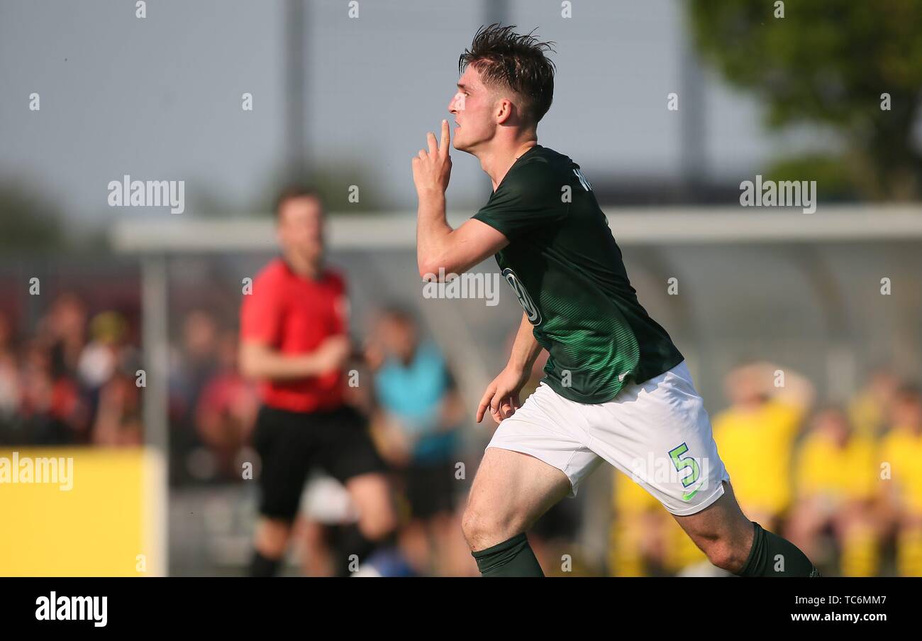 Firo: 05.06.2019, calcio, B-junior semifinale campionato, U 17, stagione 2018/2019, BVB Borussia Dortmund - VfL Wolfsburg, goaljubel, giubilo, gioia, Luca Friedrichs, VfL Wolfsburg, U17, mezza figura, | Utilizzo di tutto il mondo Foto Stock