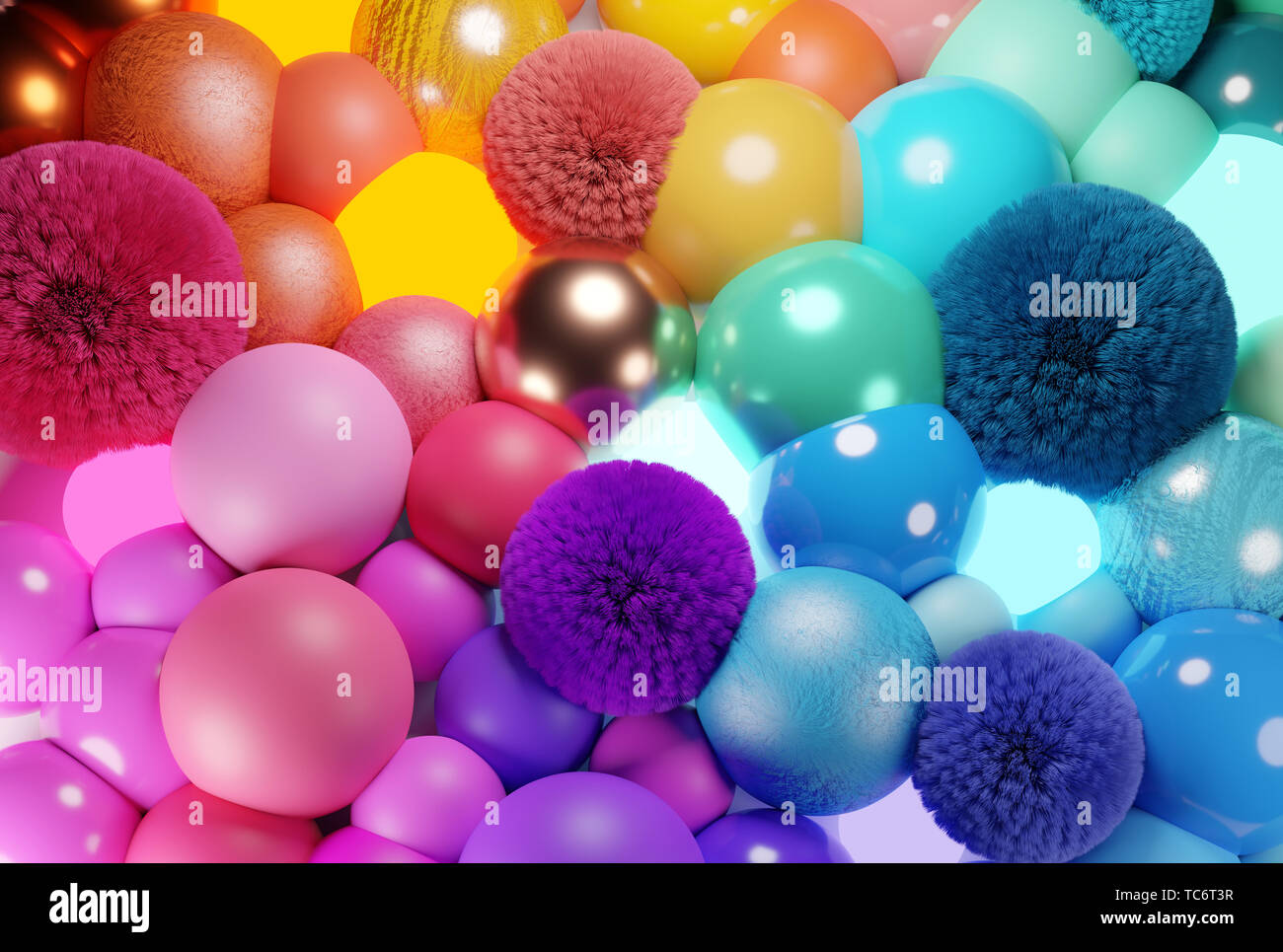 Bolle colorate, sfere e sfere di sfondo astratto. 3D'illustrazione. Foto Stock