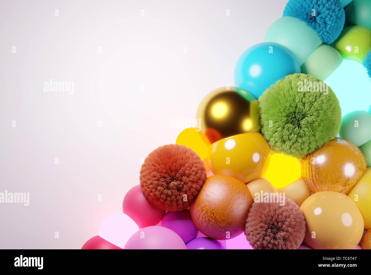 Abstract sfondo con varie sfere colorate e sfere. 3D illustrazione Foto Stock