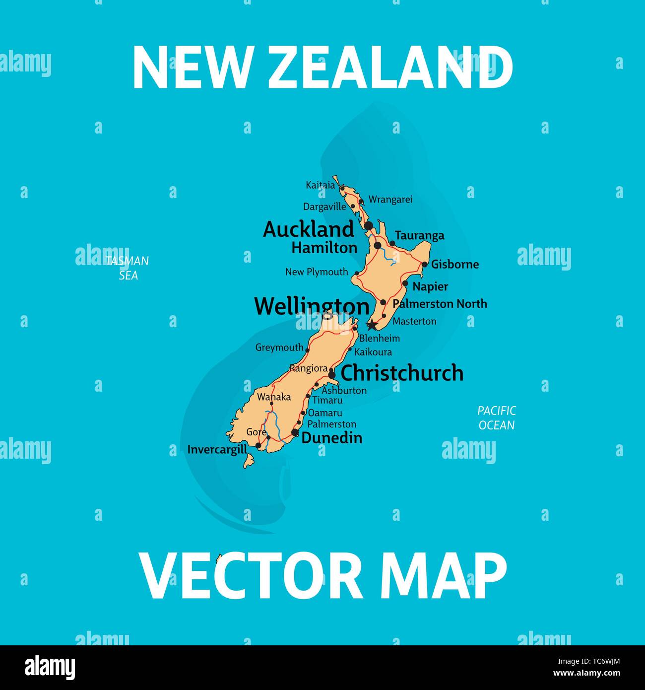 Mappa NZ. Mappa vettoriale della Nuova Zelanda con città, fiumi e strade su livelli separati. Illustrazione Vettoriale