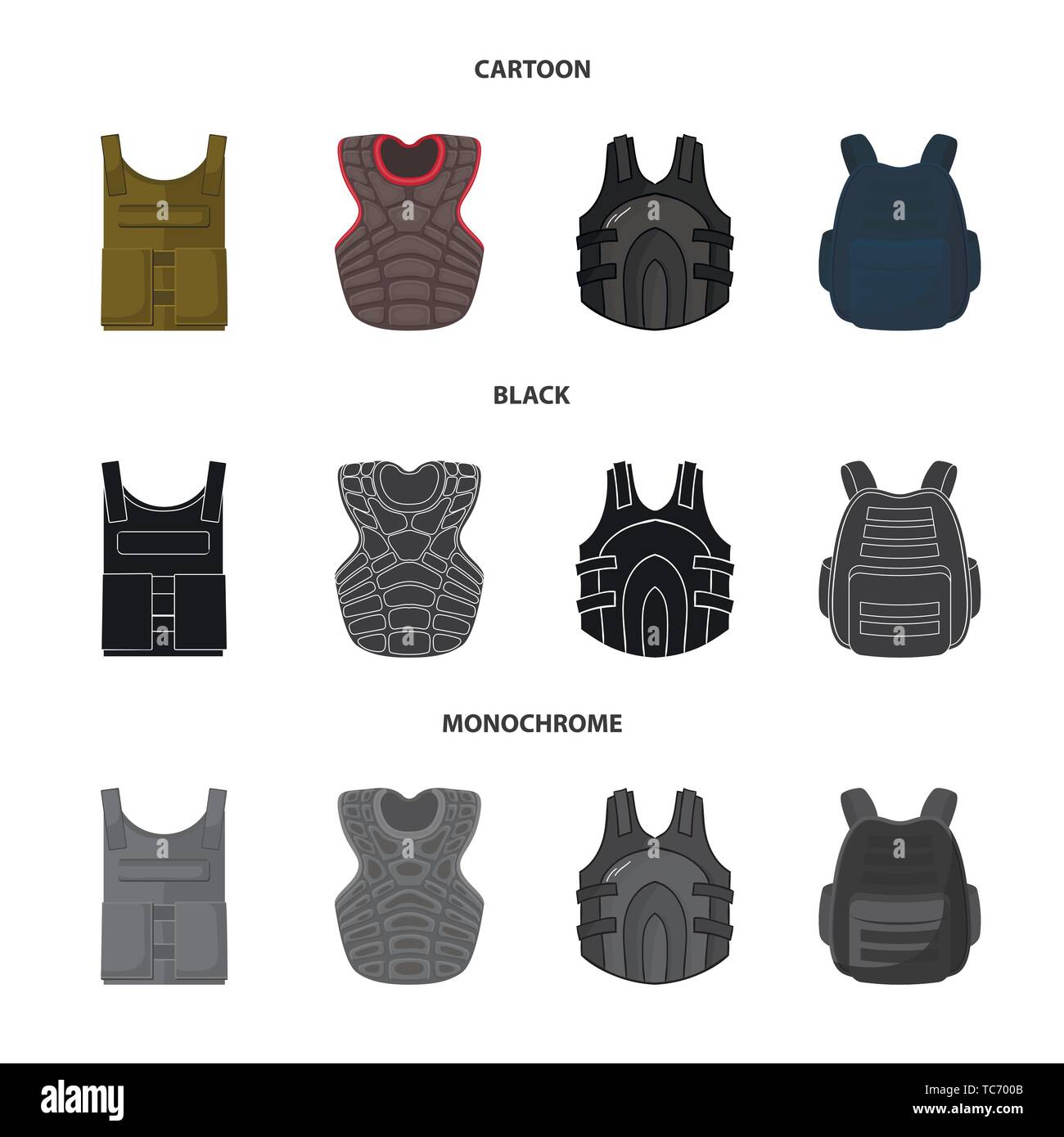 Oggetto isolato di Flak Jacket e simbolo. Raccolta di flak e corpo simbolo azionario per il web. Illustrazione Vettoriale