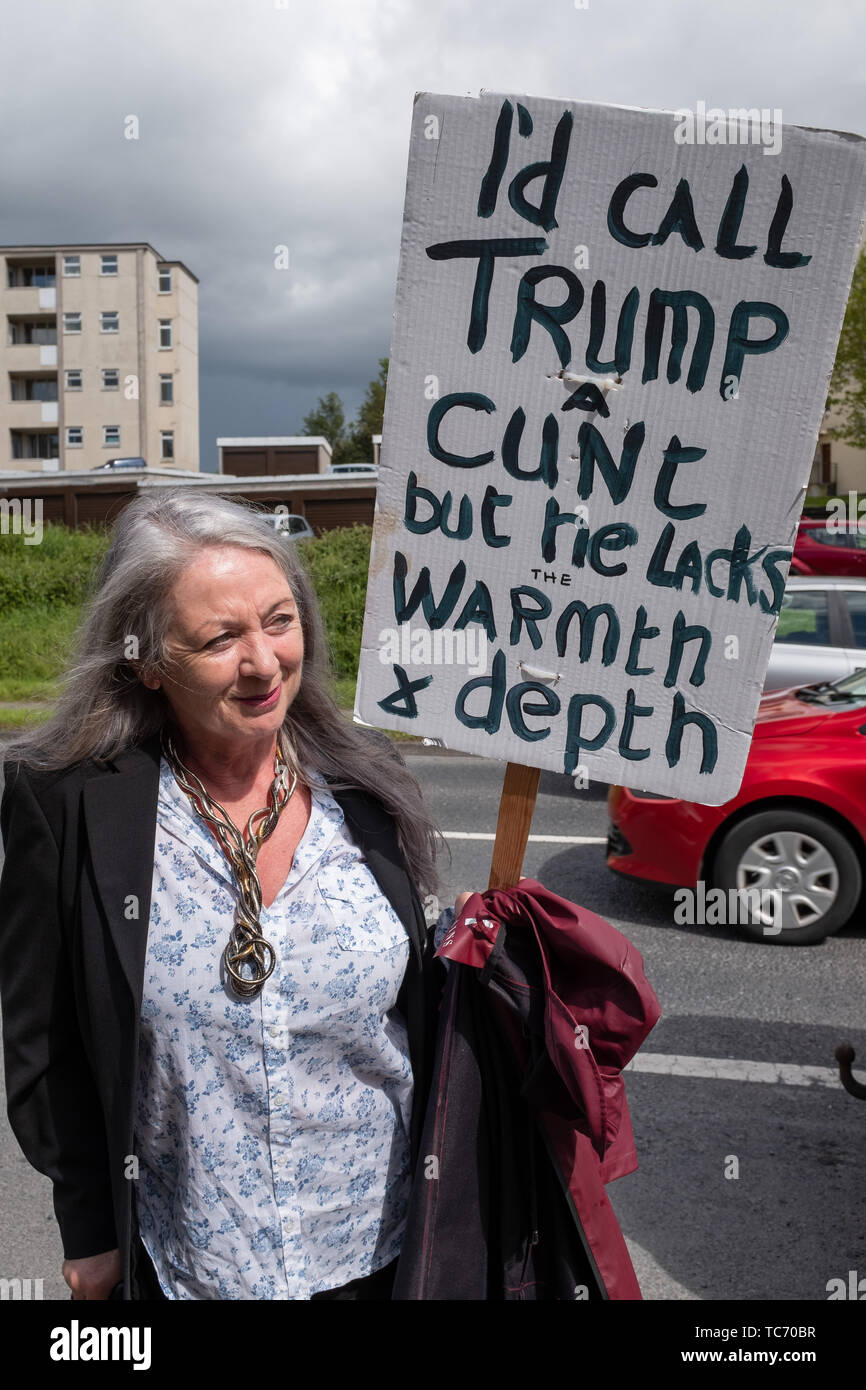 Shannon, Irlanda, Giugno. 5, 2019: Anti Trump sostenitore con targhetta all'Aeroporto di Shannon, Irlanda oggi Foto Stock
