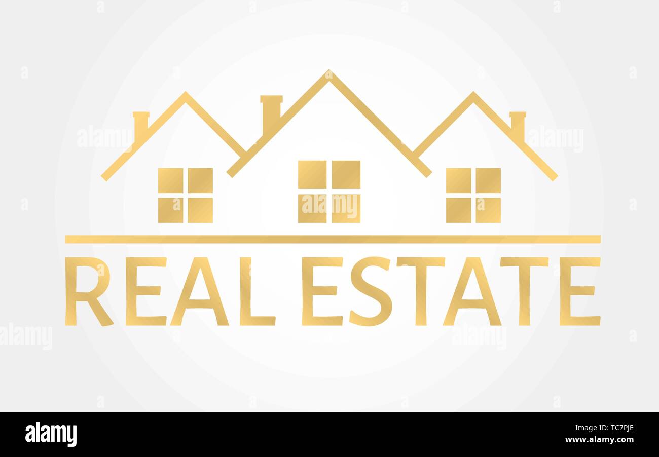 Real estate gold logo. Icona di casa in stile linea. Creative Design logo. Agenzia immobiliare modello. Illustrazione Vettoriale Illustrazione Vettoriale