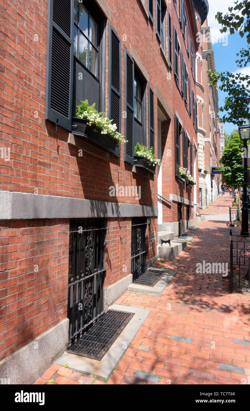 Mount Vernon Street Beacon Hill fila di mattoni e case di marciapiede in Boston, Massachusetts Foto Stock