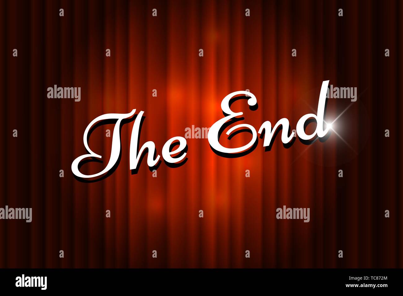 Alla fine il titolo scrittura a mano con evidenziazione sul sipario rosso sfondo. Vecchio filmato termina sullo schermo. Illustrazione vettoriale EPS Illustrazione Vettoriale