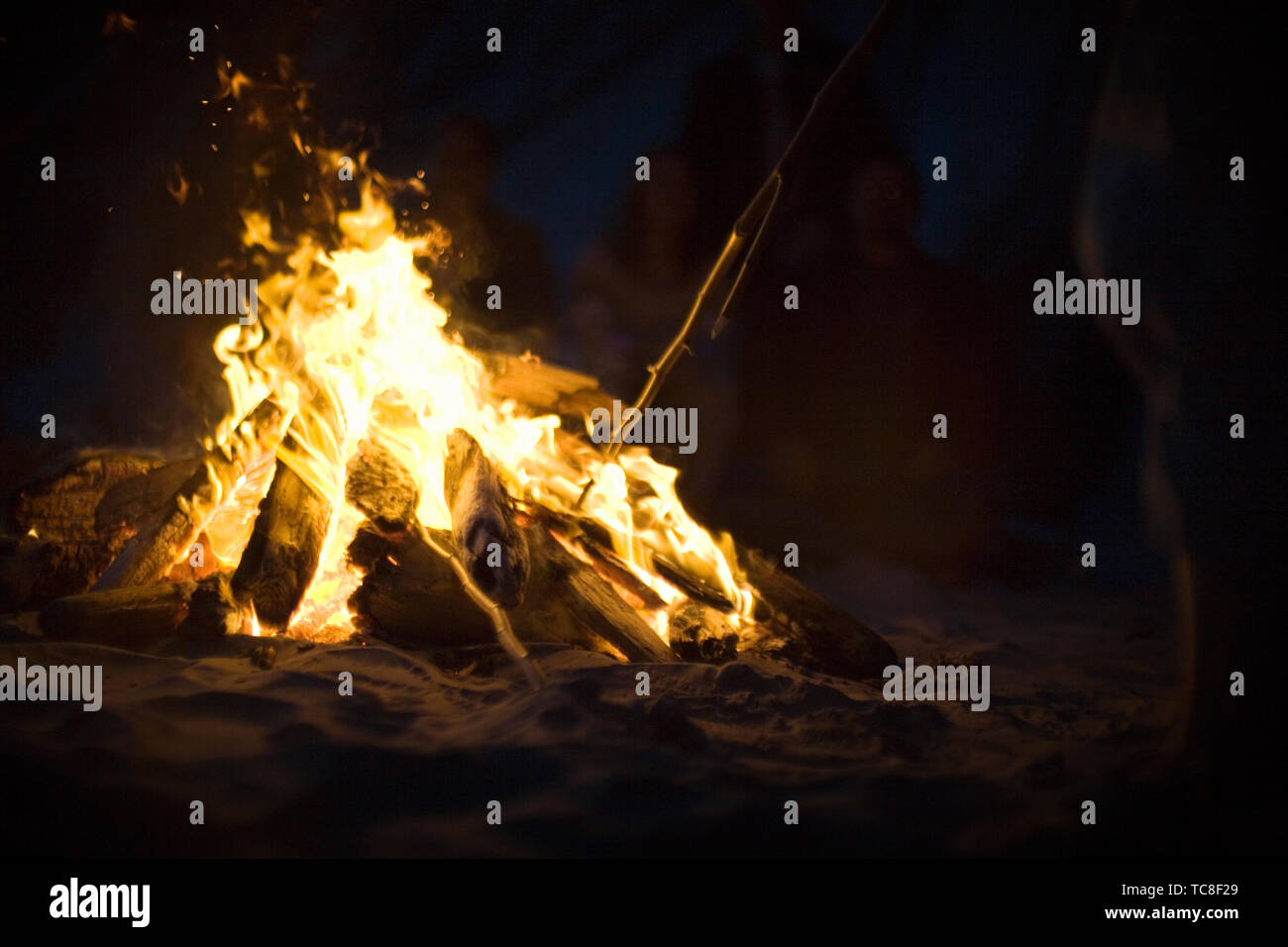 Il falò sulla sabbia di notte. Foto Stock