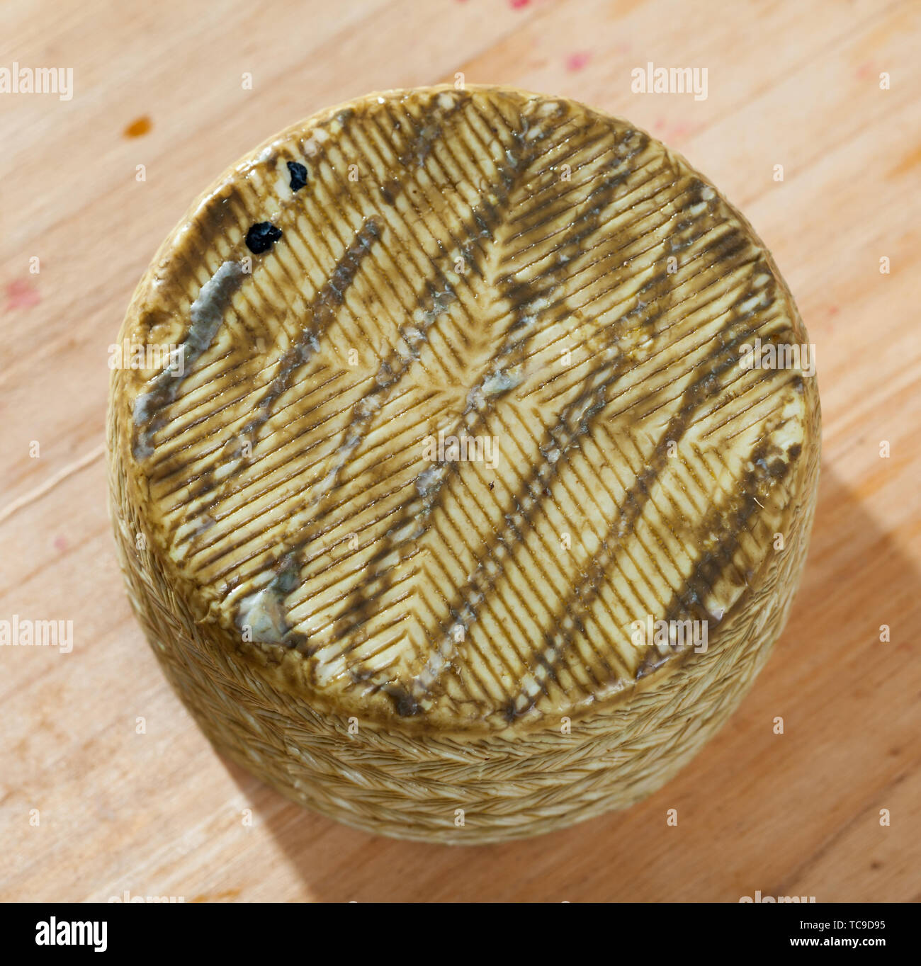 Tutta la ruota dello spagnolo misto vaccino e latte di capra formaggio indurito (mezcla) su una superficie di legno Foto Stock