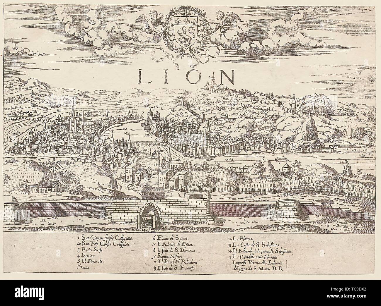 Vista di Lione; incisione su rame, circa 1570 Foto Stock