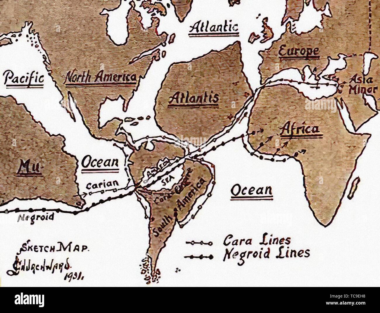 James Churchward la mappa che mostra come egli pensava Mu rifugiati distesa dopo il cataclisma attraverso il Sud America, lungo le rive di Atlantis e in Foto Stock